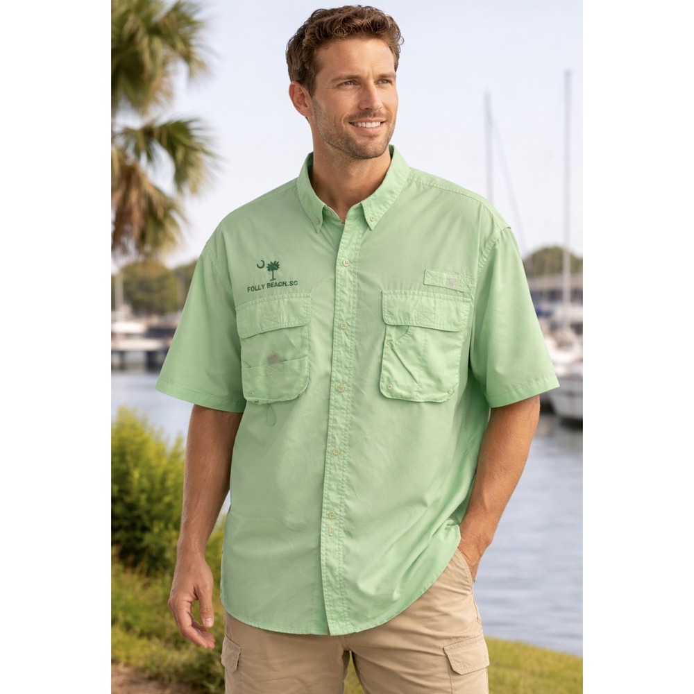 Banana Boat Shirt Mens XL Folly  Beach,‎ SC  Fishing Embroidered Outdoor Green